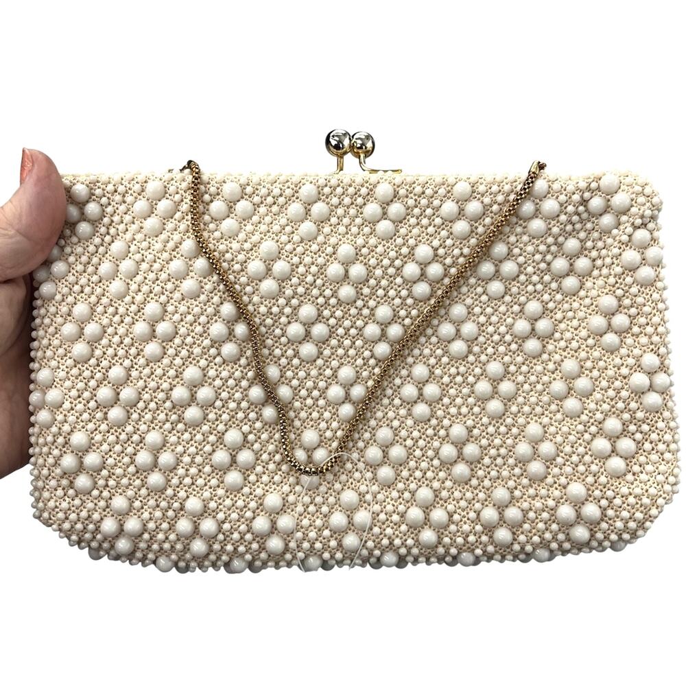 VTG Cream Beaded Evening Bag Handmade Mid-Century Hong Kong - 9.5" x 5.5"